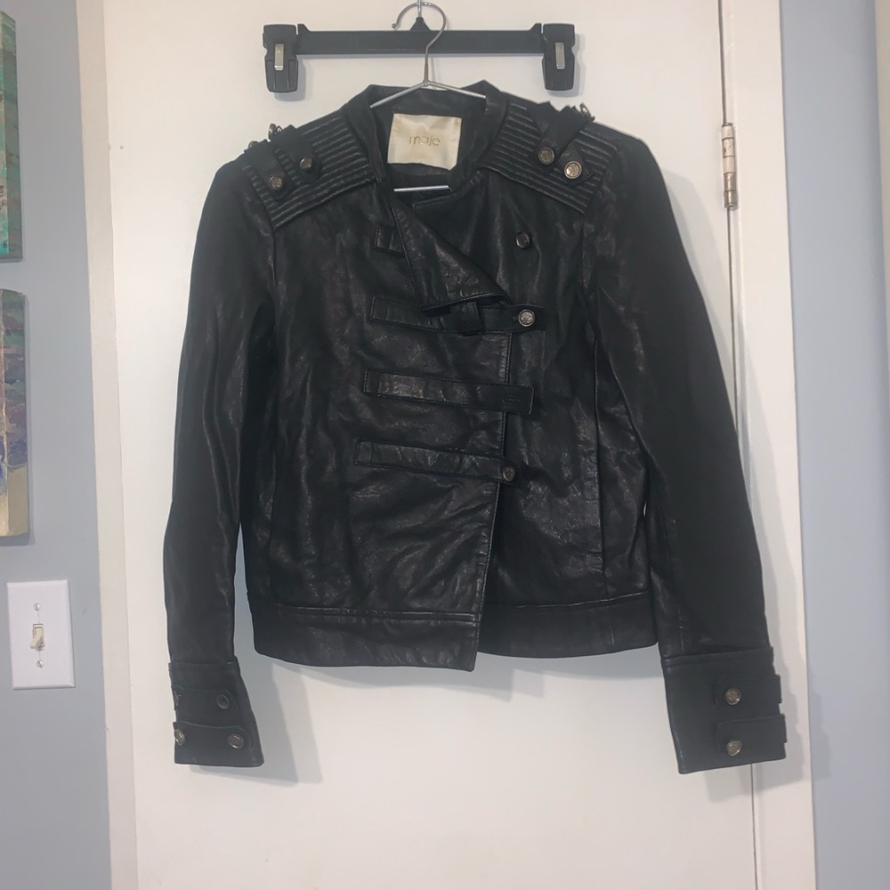 Maje Black Leather Jacket Asymmetrical Moto Style